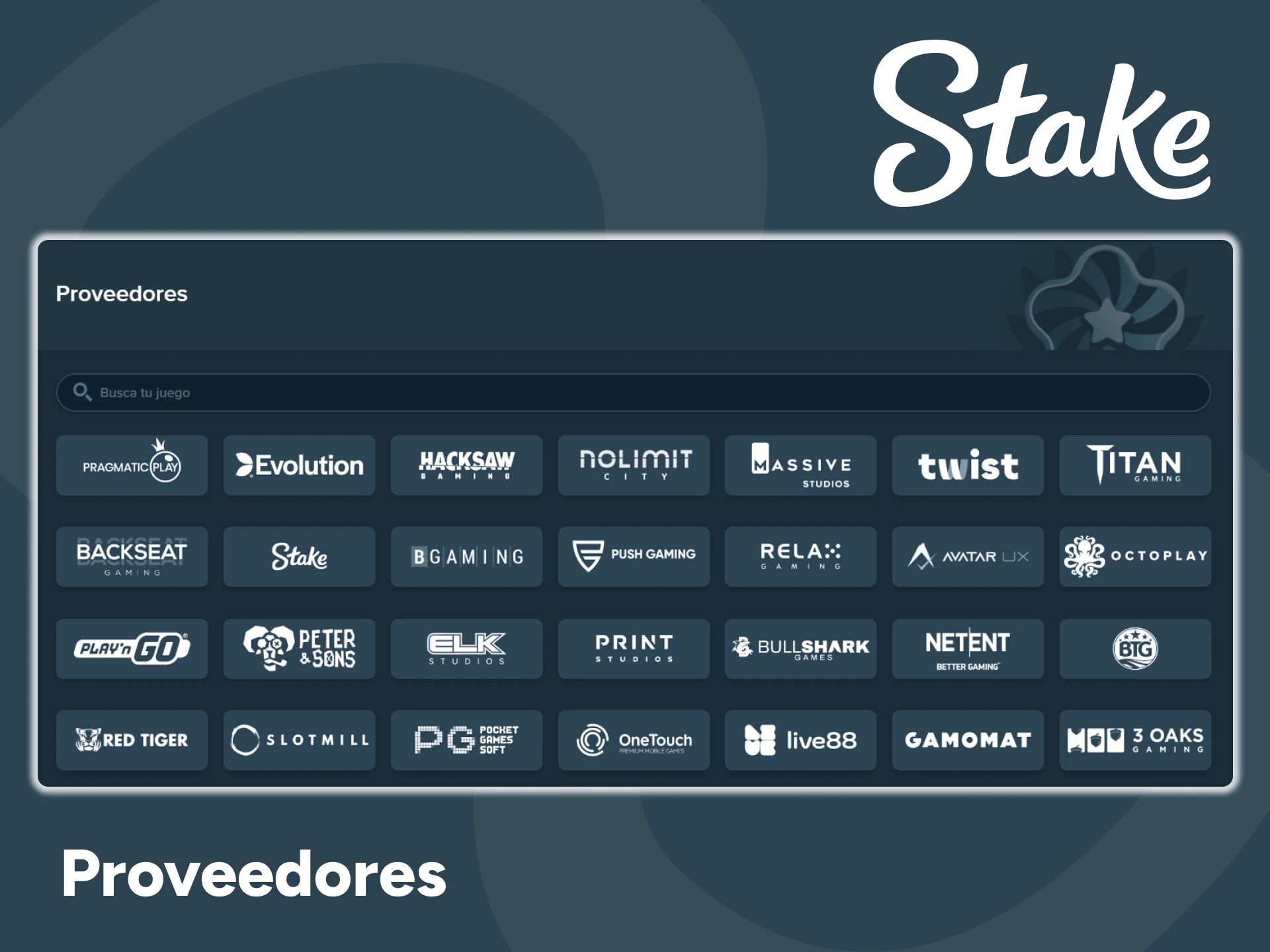 Consulte la lista de los proveedores más populares en el sitio web de Stake.