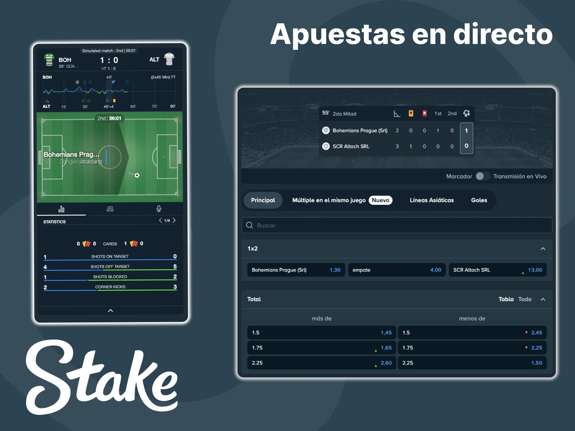 Prueba las apuestas en vivo en Stake y haz predicciones de fútbol directamente durante el partido.